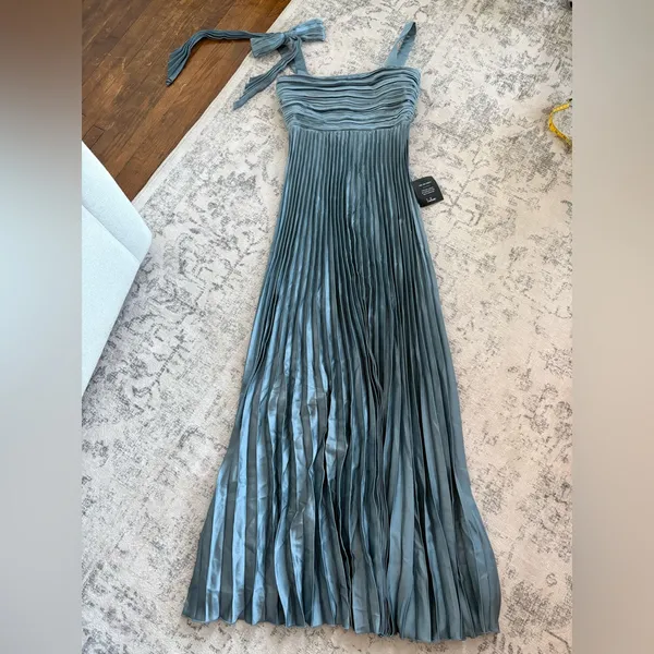 Lulus Gorgeous Purpose Slate Satin Pleated Sleeveless Bow Maxi Dress Size Medium - Image 4