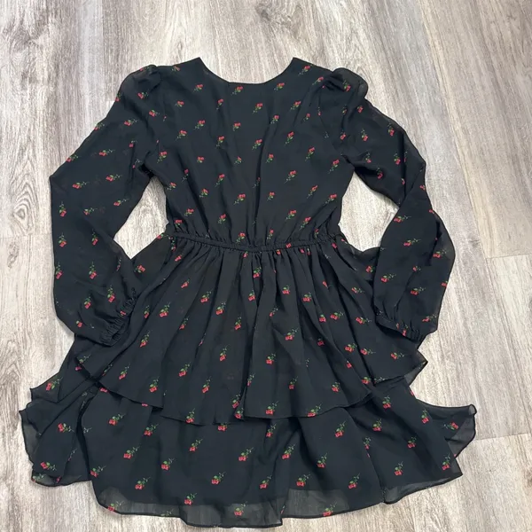Wildfox Black‎ Rosebud Print Deep V-Neck Ruffle Mini Dress Long Sleeve Medium - Image 4