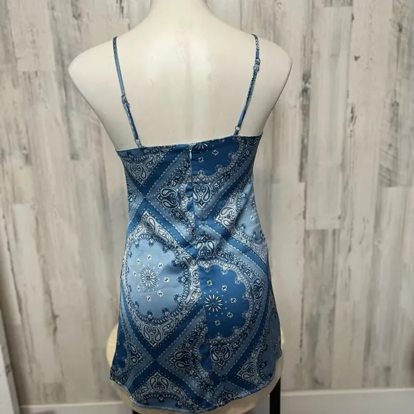 Forever 21 Bandana Print Satin Mini Dress Womens S Blue Paisley Bodycon Slip - Image 4