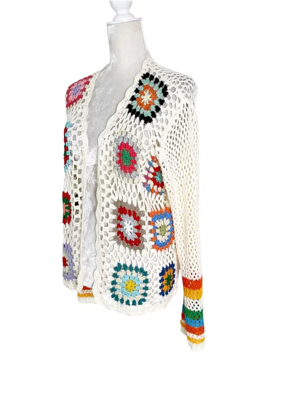 Granny Square Boho Crochet Cardigan Cream Patchwork Size L Size L - Image 6