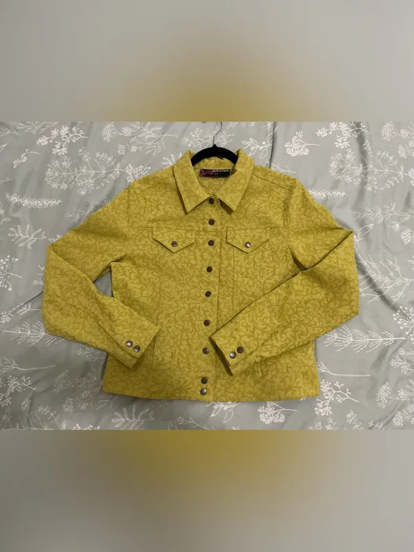 Peck & Peck Chartreuse Green Patterned Trucker Jacket Sz M Stretch Feminine - Image 3
