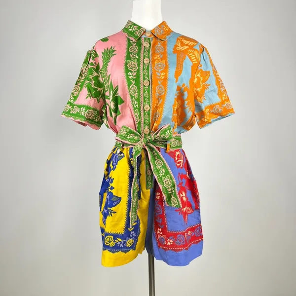 NWT Farm Rio Lace Garden Belted Romper Size M 100% Linen Blend Multicolor - Image 2
