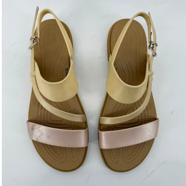 Crocs Tulum Strappy Sandal‎ Pink Clay Cream Tan Women 8 Shimmer Buckle Ankle - Image 3