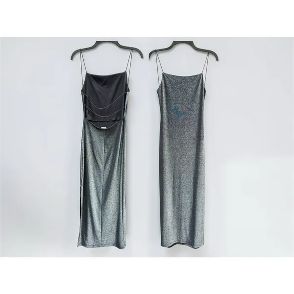 City Triangles Y2K 90s Minimalist Shimmer Open Back Column Maxi Dress Silver Black Size M Read - Image 3