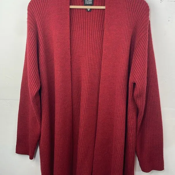 Eileen Fisher Open Front Ribbed Cardigan Sweater 100% Merino Wool Deep Red Med - Image 3