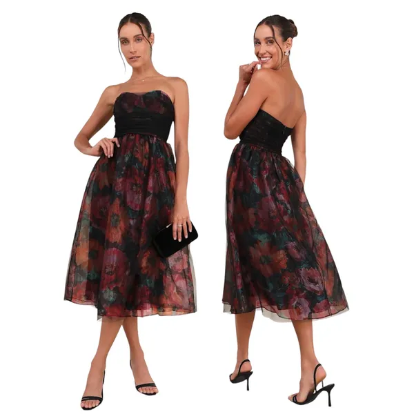 Lulus Splendidly Yours Black Floral Organza Mesh Strapless Midi Dress size L NWT - Image 2
