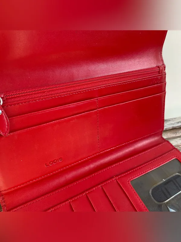 Lodis Audrey Alice tri fold black leather envelope fold wallet red interior - Image 9
