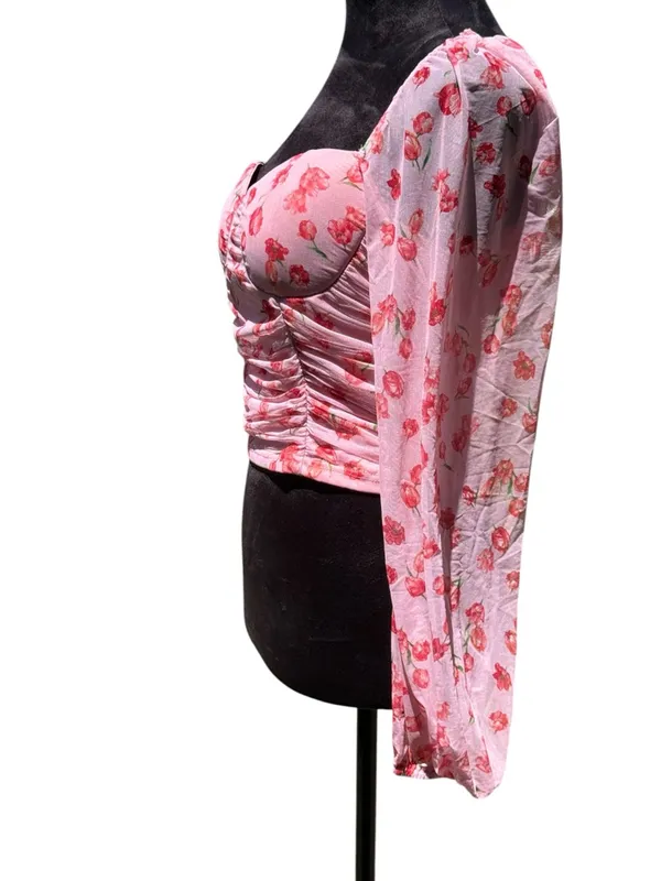 Fore Pink‎ Floral Mesh Ruched Bustier Crop Top Long Sleeve Square Neck Size L - Image 6