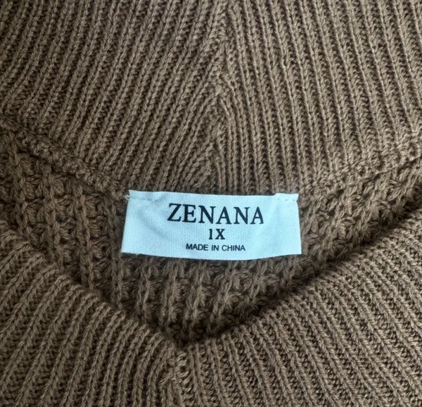 New Women's Zenana Plus Size V-Neck Off The Shoulder Waffle Knit Sweater Camel / Light Brown Sz 1X - Image 9