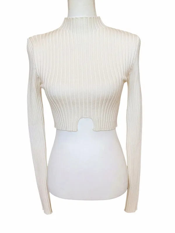 Edikted Cropped Sweater Top Women’s M/L Cream Ribbed Mock Neck Stretch Fall Sexy - Image 2