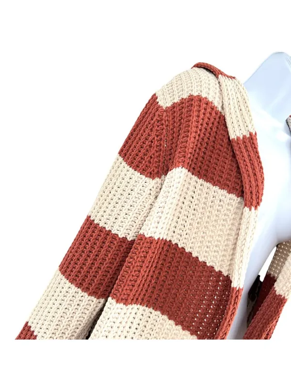POL Striped Hooded Open Cardigan Sweater Rust Cream Size Small Cozy Boho - Image 5