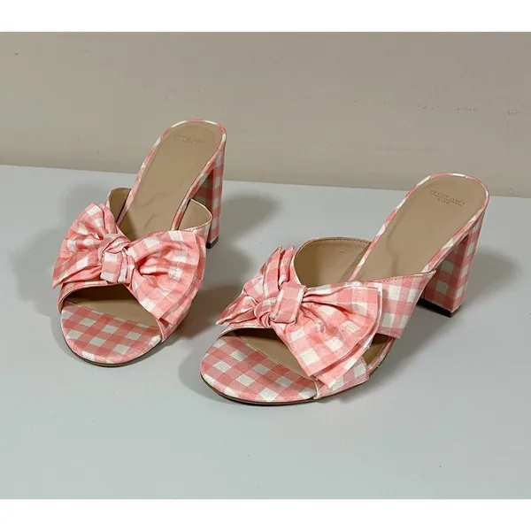 Draper James RSVP Pink White Gingham Plaid Checkered Bow Peep-Toe Open-Toe Heels Sandals Slides Shoes Size 8.5 🤍🩷 - Image 2