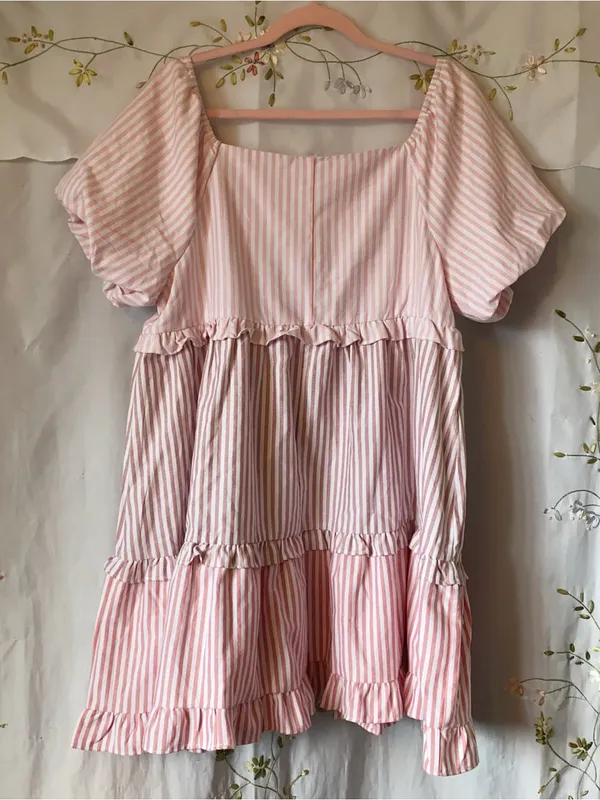 BiBi Cute Pink Pastel Stripe Ruffle Tier Puff Sleeve Babydoll Summer Dress Sz XL - Image 9