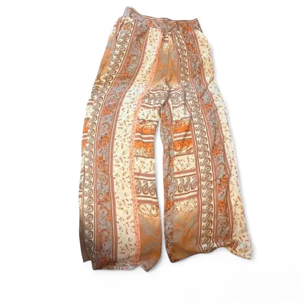 Boho Wide-Leg Printed Palazzo Pants - Cream & Orange Sz M - Image 2