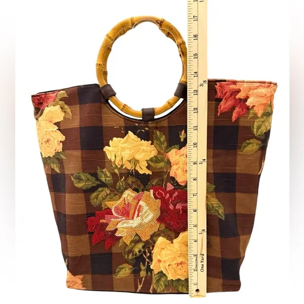 Cynthia Hart Los Angeles Floral Plaid Tote Bag Purse Bamboo Handles Gold Brown - Image 6