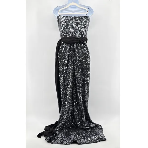 Badgley Mischka Gown Womens 4 Silver Black Excellent Sequin One Shoulder Formal - Image 3