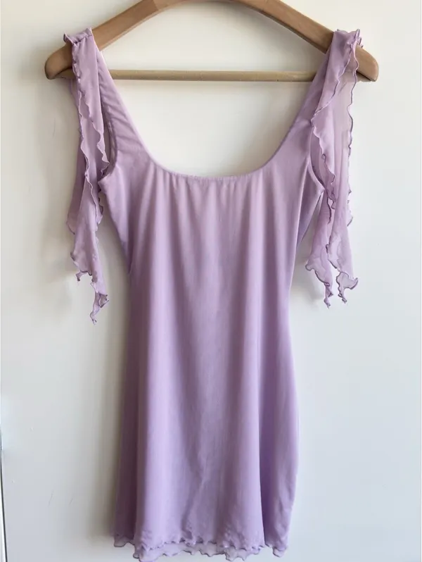 White Fox Don’t Tell Me Now Mini Dress Lilac XS Mesh Ruffle Bodycon - Image 3