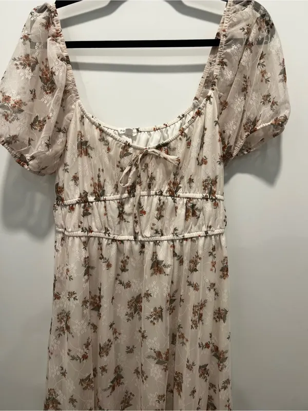 Blu Pepper Cream Floral Puff-Sleeve Milk Maid Midi Dress - Image 2
