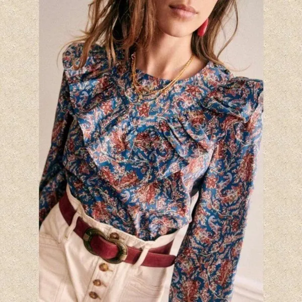 💕SEZANE💕 West Shirt Ranch Marine Multi-Color Paisley Floral Print FR 38 = US 6 - Image 5