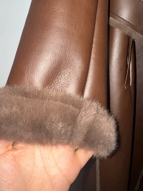 Women leather fur coat size XL brown - Image 4