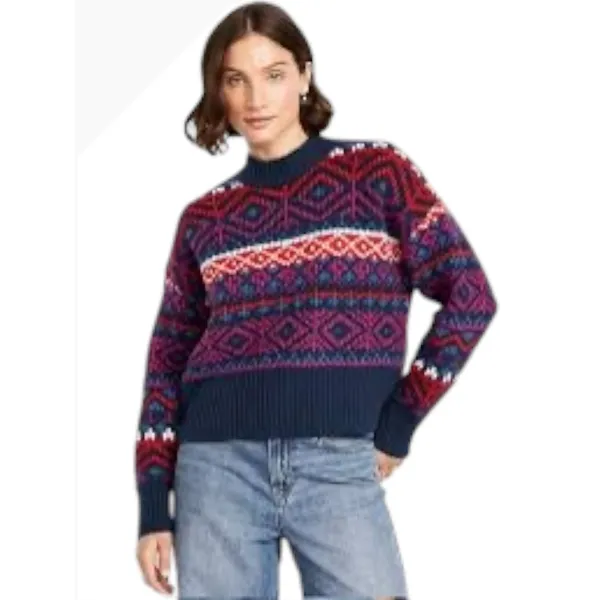 Old Navy So Soft Fair Isle Sweater Women XS Navy Blue‎ Red Mock Neck Nordic Knit - Image 2