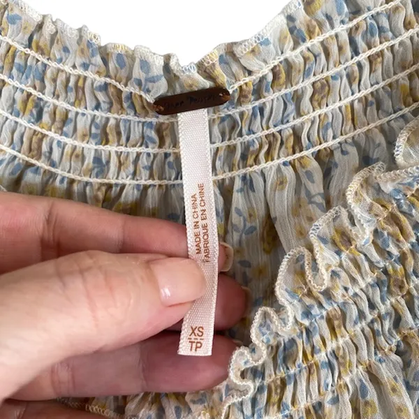 Free People Yellow Floral Wide Neck Embroidered Boho Blouse Women Sz XS - Image 7