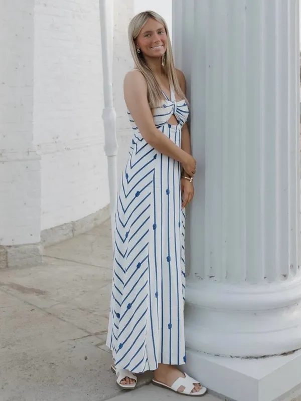 NWT‎ Antonio Melani Nicki Linen Blend Rope Print Halter Nautical Maxi Dress - Image 2