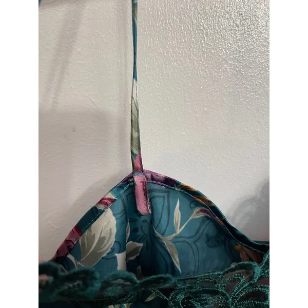 Vintage 90s Green Floral Satin Slip Fairy Grunge Lace Lingerie Top‎ Coquette S - Image 6