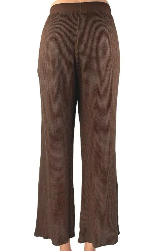 Set Active Women's Brown Waffle Knit Pull On Pocket Wide Leg Trousers Pants Sz M - Image 3