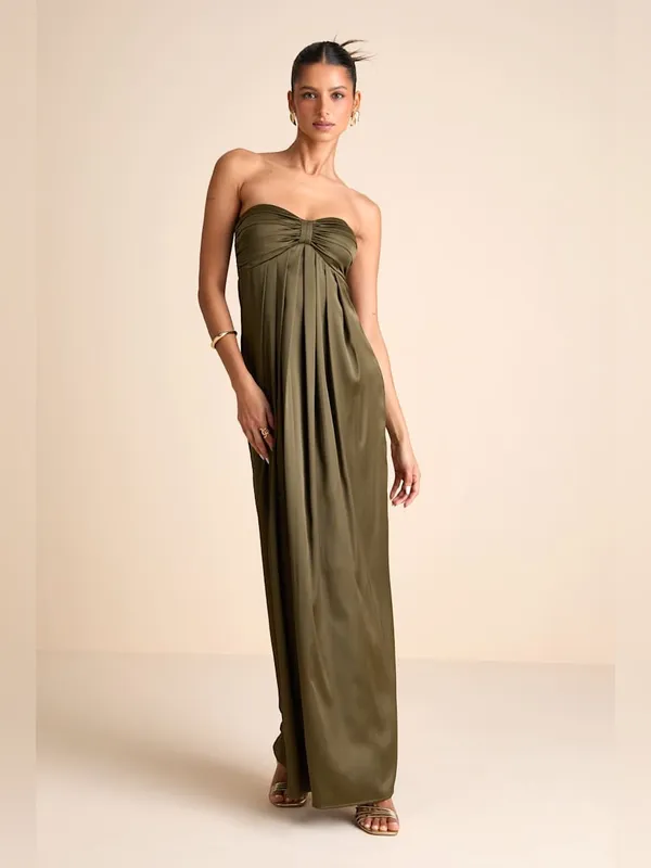 Lulu's Memorable Entrance Olive Green Strapless Satin Maxi Dress - Image 3