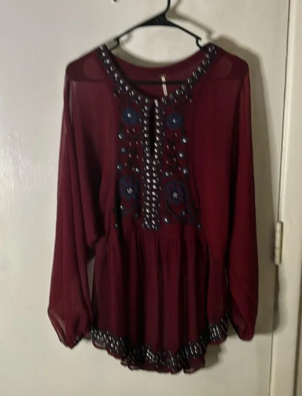 Free People Promesa Peasant Tunic Blouse Sheer Beaded Embroidered Boho M Indie - Image 2