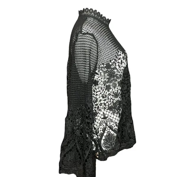 Bold Elements Black Crochet Lace Sheer Long Bell Sleeve Top XL - Image 2