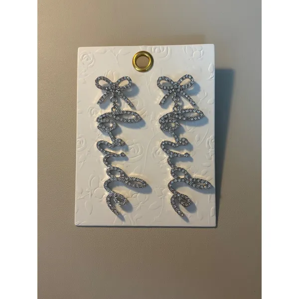 Silver Crystal Bow Bride Script Drop Earrings Bridal Wedding Statement Jewelry - Image 2
