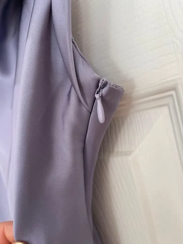 Satin Slip Midi Dress with Draped Cowl in Lavender - Image 6