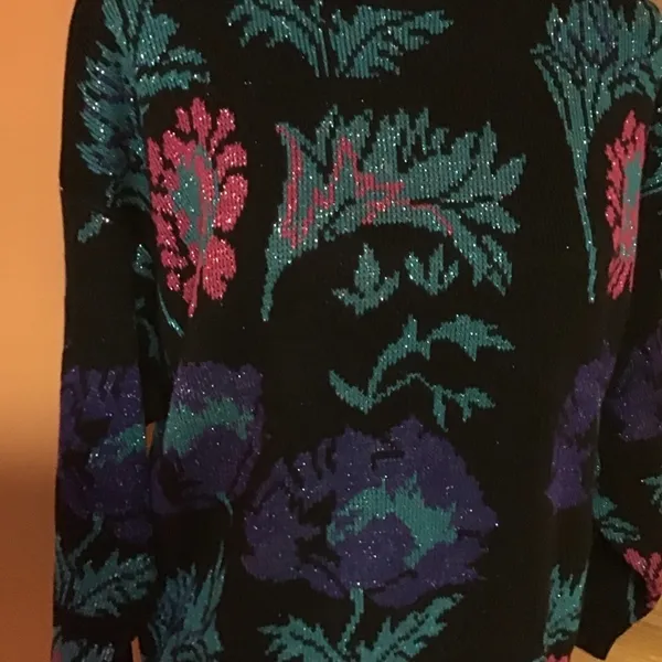 Vintage 80s Sparkly Floral Sweater Black Purple Teal Oversized Retro Cozy - Image 5
