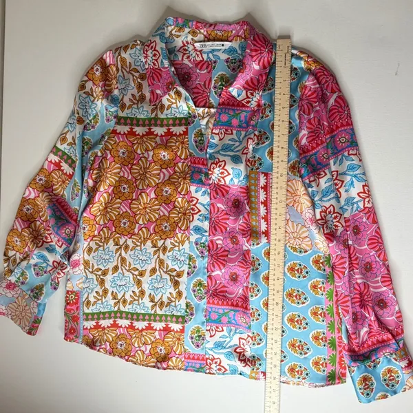 Zara Floral Patchwork Button Up Blouse Large Multicolor Maximalist Colorful‎ Art - Image 9