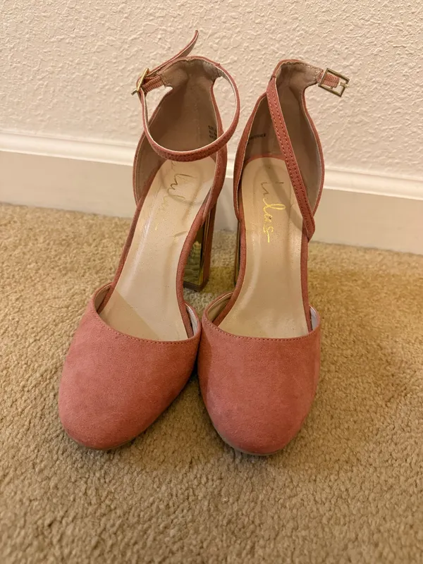 Lulus Mauve Suede Heels with Gold Accents - Image 3