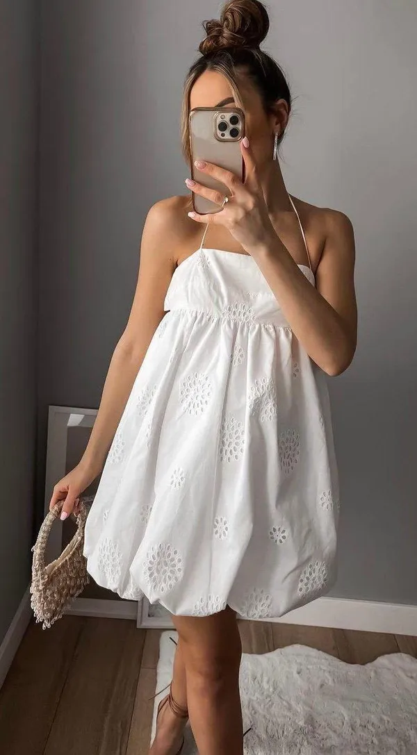 dress mini crochet balloon embroidered white boho vacation casual summer - Image 5