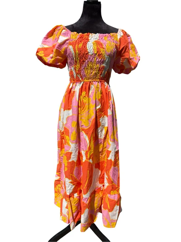 Ana & Rose Floral Smocked Midi Dress Puff Sleeve Tropical Boho Orange Pink L - Image 2