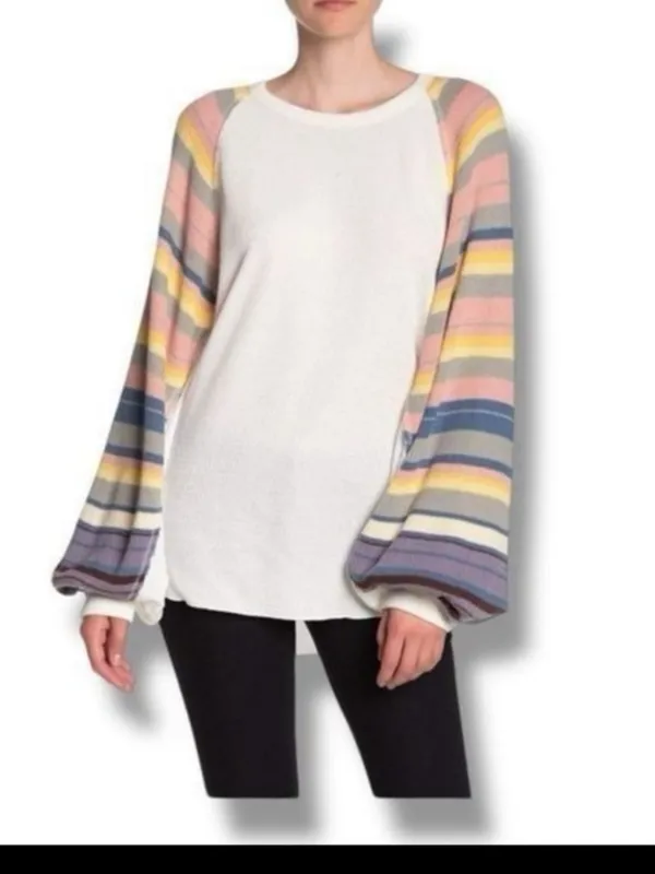 Free People Rainbow Dreams Balloon Sleeve Thermal Knit Blouse, EUC, Medium - Image 5