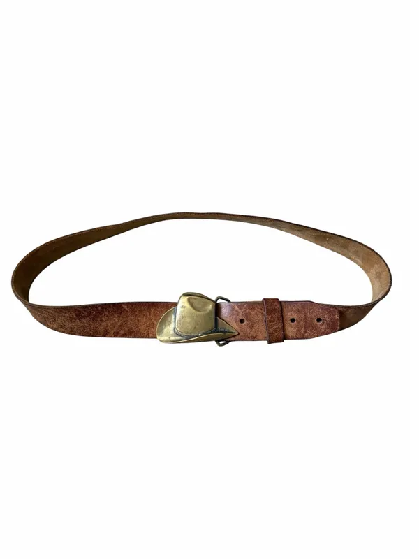 Vintage 70s leather brass buckle belt medium - Image 2