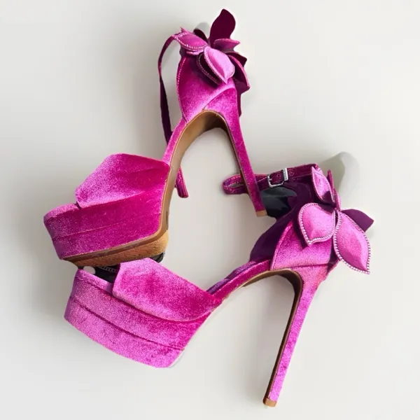 Gianni Bini Fuchsia Velvet Heels Rhinestone Flower Platform Sandals 7 New - Image 6