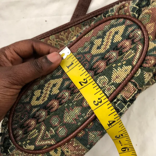Unique green brown VTG boho tapestry crossbody shoulder tote bucket bag purse PU leather straps & interior cottage-core - Image 5
