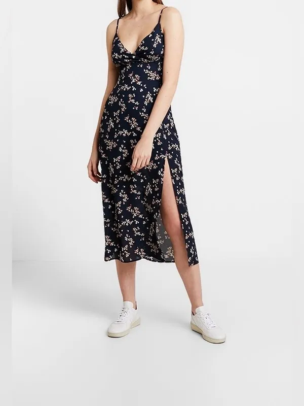 Abercrombie & Fitch navy floral maxi dress with strappy details side slit Small - Image 2