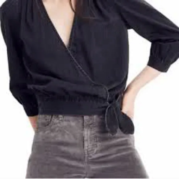 Madewell Wrap Top in Black Denim Size Small in Color Ashbury - Image 4