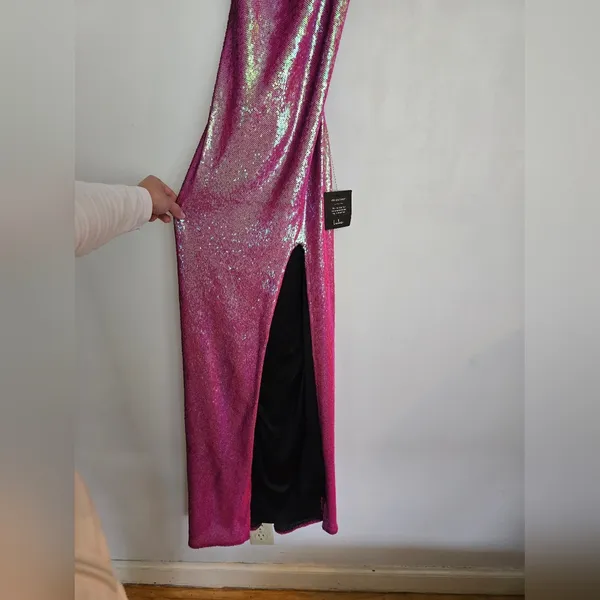 Lulu's Glam Diva Iridescent Hot Pink Sequin Lace-Up Maxi Dress - Image 4