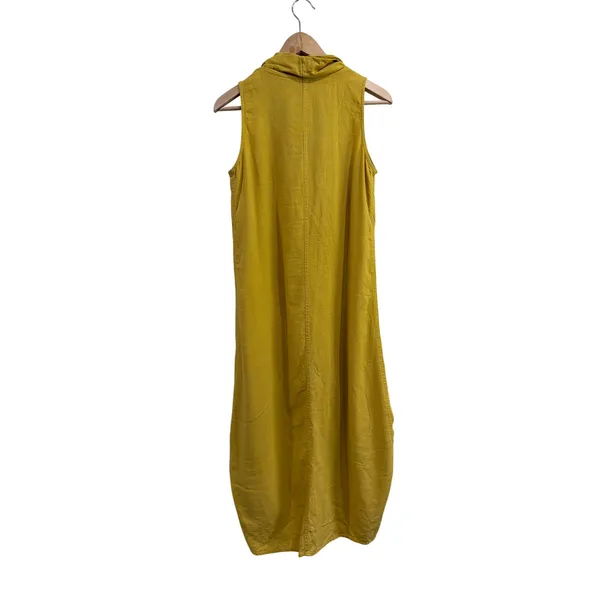 For Cynthia Mustard Yellow Linen Blend Cowl Neck Tulip Hem Midi Dress‎ Small - Image 4