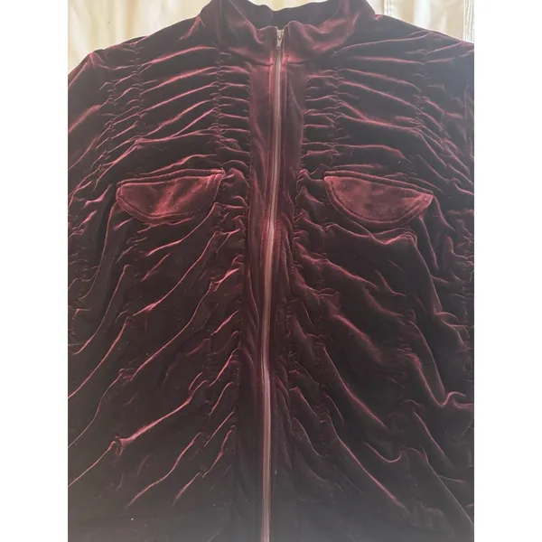 Ashley Stewart Burgundy Maroon Velvet Zip Up Ruched Pockets Long Sleeve - Image 2