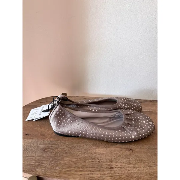 NWT Zara Taupe Rhinestone Satin Square Toe Studded Ballet‎ Flats 38 / 7.5 - Image 4