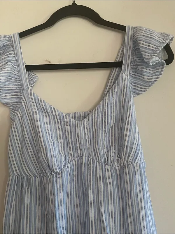 100% Cotton Blue White Striped Midi Dress XS Euro Summer Coastal Resort Beach - Image 3